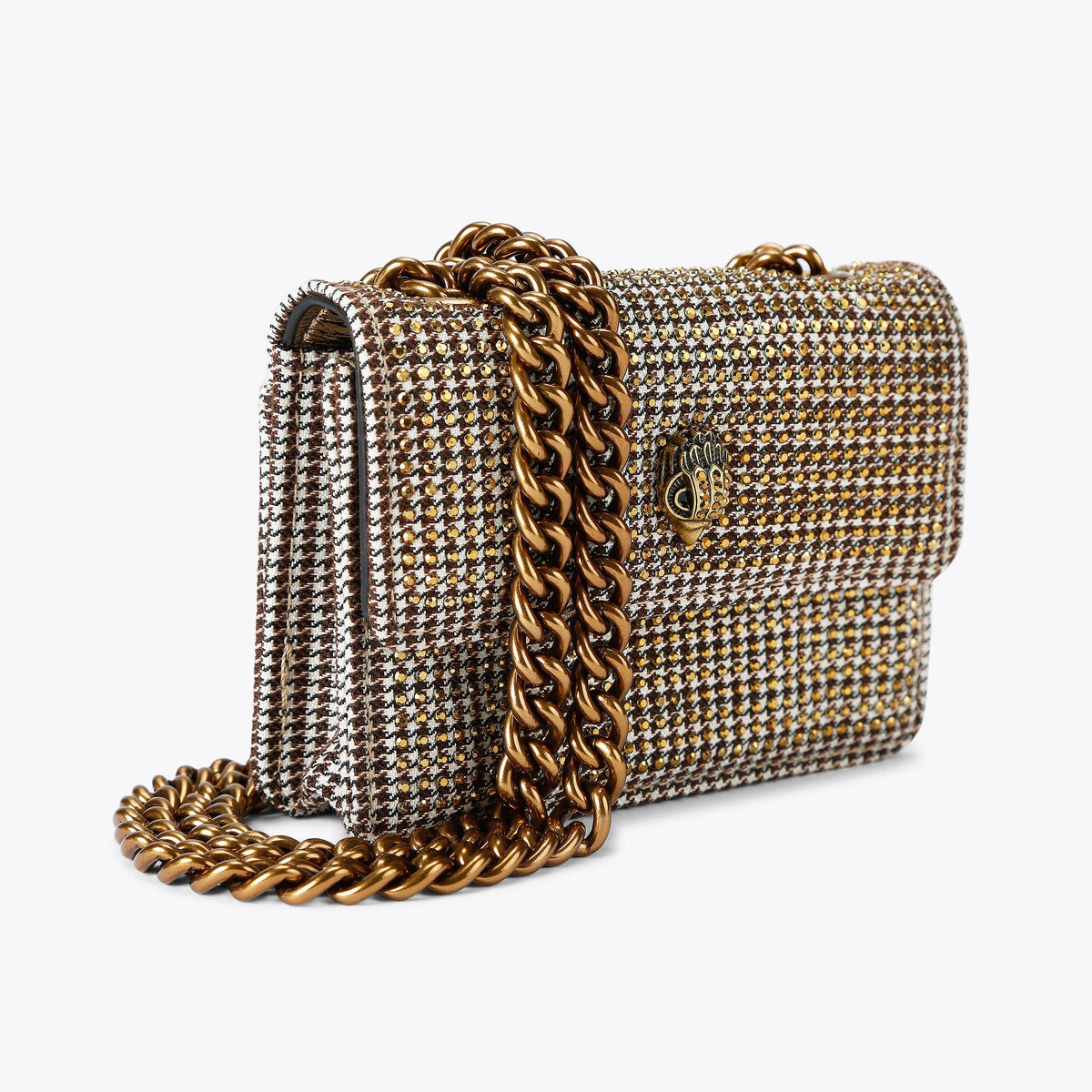 Micro Kensington Flap Bag in Beige Houndstooth Gold Crystal