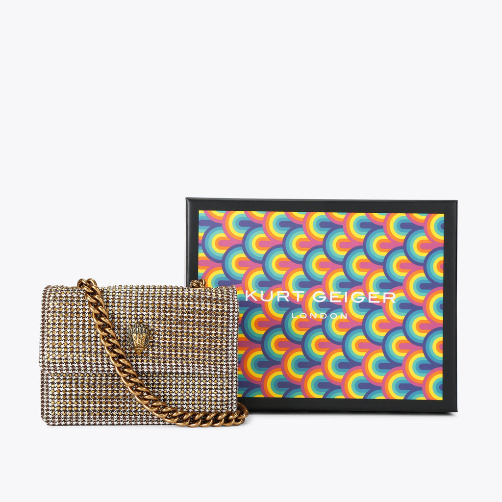Micro Kensington Flap Bag in Beige Houndstooth Gold Crystal