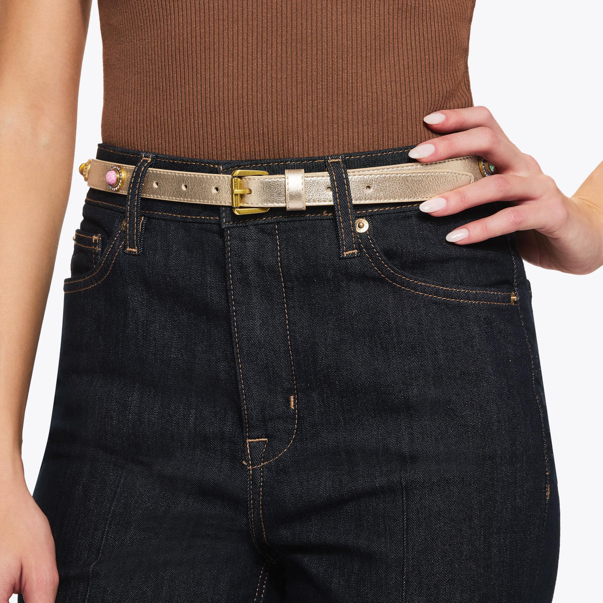 Octavia Crystal Belt in Metallic Gold Leather
