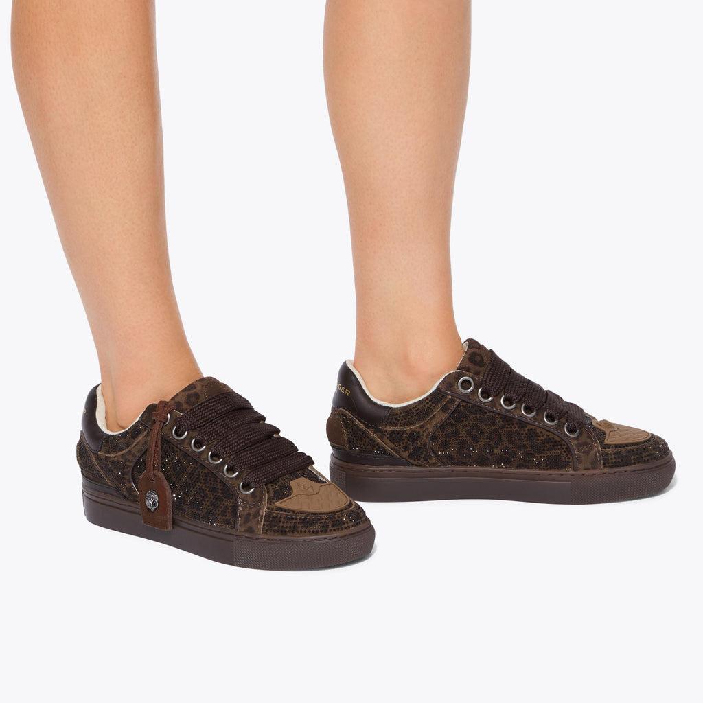 Southbank Tag Slim Sneakers in Brown Leopard Suede