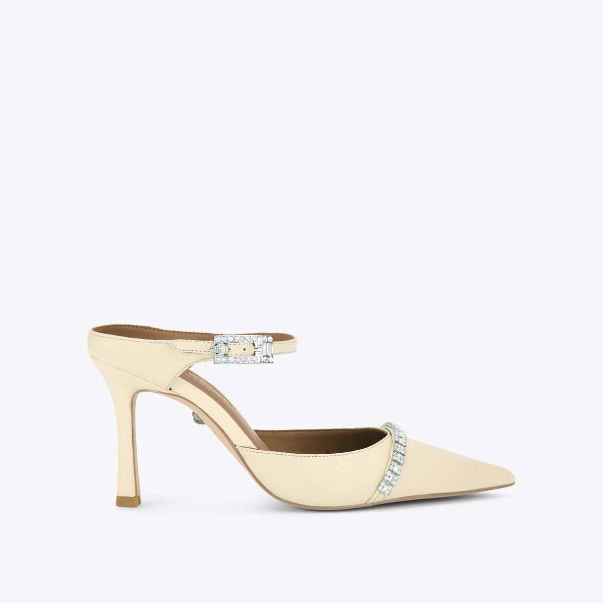 Strass Pointed-Toe Mule Heel in Cream Leather