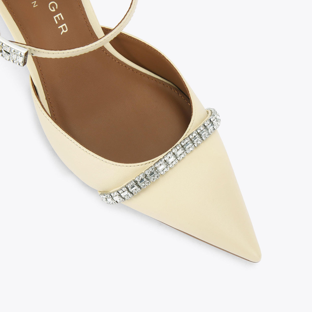 Strass Pointed-Toe Mule Heel in Cream Leather